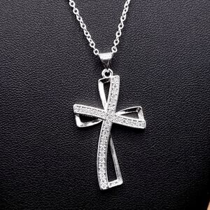 925 Silver Plated Necklace w/ CZ Diamond Cross Women's Birthday Anniversary Gift